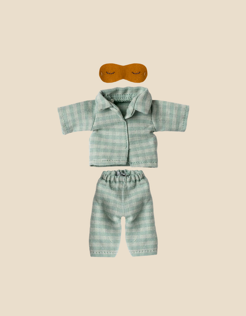 Maileg Extra Clothing: Pyjamas For Dad Mouse includes a light blue striped shirt, matching pants, and a brown eye mask for dad mouse, displayed on a beige background.