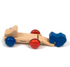 The Fagus Wooden Car Transporter - Mini Series features bright blue and red wheels and includes a detachable blue toy car. Crafted from wood, it’s perfect for imaginative play with its simple, colorful design.