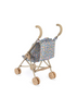 The Konges Sloejd Doll Stroller - Rose Flower features a beige frame, curved handles, floral-patterned seat, and four sets of double wheels, shown on a white background.