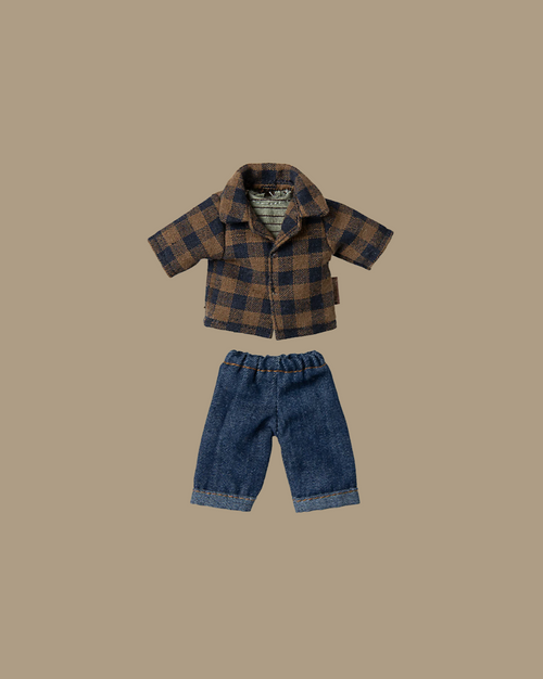 The Maileg Extra Clothing: Brown Checked Shirt and Pants for Dad Mouse features a brown checkered shirt with a collar and blue denim pants, perfect for dressing up your mice dolls, shown against a plain beige background.