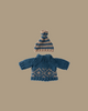 A Maileg Extra Clothing set for Dad Mouse: a small, hand-knitted blue sweater and matching hat with beige accents in a Scandinavian pattern, shown on a plain beige background.
