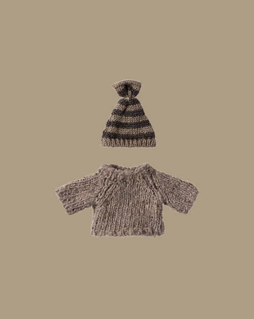 The Maileg Knitted Sweater and Hat for Big Brother Mouse, in brown and beige stripes, are displayed on a plain beige background—perfect adorable accessories for your child-sized mouse.