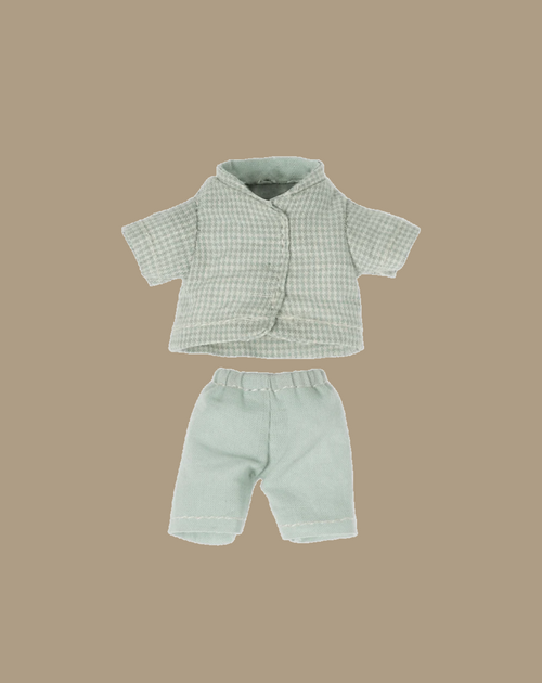 Maileg Extra Clothing: Pajamas for Little Brother Mouse features a light green checkered short-sleeve shirt and matching shorts, ideal for a pajama party. This outfit fits a Little Brother Mouse and is shown on a simple beige background.