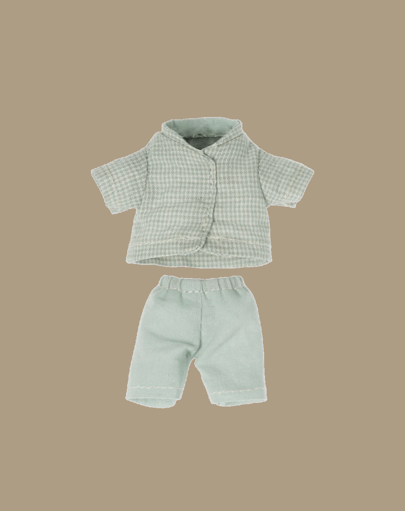 Maileg Extra Clothing: Pajamas for Little Brother Mouse features a light green checkered short-sleeve shirt and matching shorts, ideal for a pajama party. This outfit fits a Little Brother Mouse and is shown on a simple beige background.