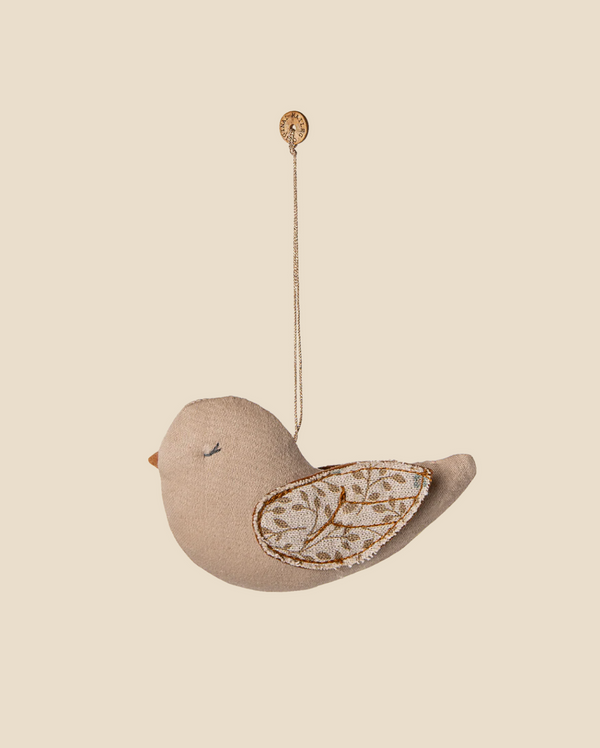 The Maileg Fabric Ornament, Bird - Branches - Blue is a small blue fabric bird with embroidered wings, hanging from a string—a charming addition to any Maileg ornament collection.