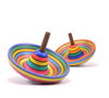 Two vibrant Mader Sombrero Spinning Tops - Striped, made from maple wood, display rainbow concentric stripes and brown handles on a white background. One top stands upright while the other is tilted in the background. Popular Austrian wooden toy.