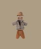 The Maileg Extra Clothing set for Grandpa Mouse includes a jacket, pants, hat, and bow tie, shown on a beige background—perfect for outfitting your Maileg granddad mouse or similar-sized mice.
