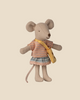 Pre-order the Maileg Little Sister Mouse with Bag, arriving by 06/15/26. This stuffed toy features a pink and gray striped top, plaid skirt, and yellow cheese bag, posed upright against a plain beige background.