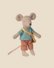 The Pre-order: Maileg Little Brother Mouse with Bag (Expected arrival by: 06/15/26) features a mouse toy with magnetic hands, wearing a blue and green striped shirt, orange pants, and a yellow crossbody bag against a light beige background.