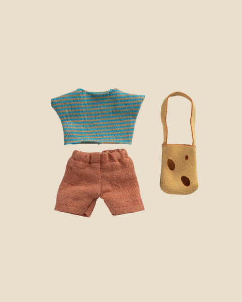 Pre-order: Maileg Clothes and Bag, Little Brother Mouse (arriving 06/15/26)—a charming doll outfit with a blue and yellow striped knit top, orange knit shorts, and a yellow spotted bag, shown on a beige background.