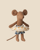 Pre-order: Maileg Beach Mouse with Float, Little Sister—this brown fabric doll wears yellow dot swim trunks and a matching float. Expected arrival: 04/1/26. Plain beige background.