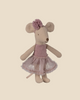 The Pre-order: Maileg Ballerina Mouse, Little Sister - Heather wears a dusty pink dress with a mesh skirt and a matching pink flower headband, standing upright against a plain cream background.