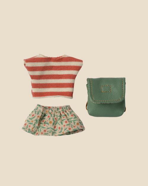 Pre-order: Maileg Clothes and Bag, Big Sister Mouse - Green (arriving by 05/01/26), includes a red and white striped shirt, floral skirt, and green bag—adorable mouse outfit displayed on a beige background.