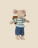 Pre-order the Maileg Tricycle Mouse, Big Brother - Brown (arriving 05/01/26). This plush mouse wears a blue-striped shirt, blue shorts, and a school backpack. Magnetic hands add charm against a beige background.