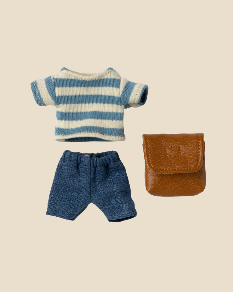 Pre-order: Maileg Clothes and Bag, Big Brother Mouse - Brown (arrives by 05/01/26). Includes a blue and white striped shirt, blue shorts, and a brown bag—perfect mouse clothes shown on a beige background.