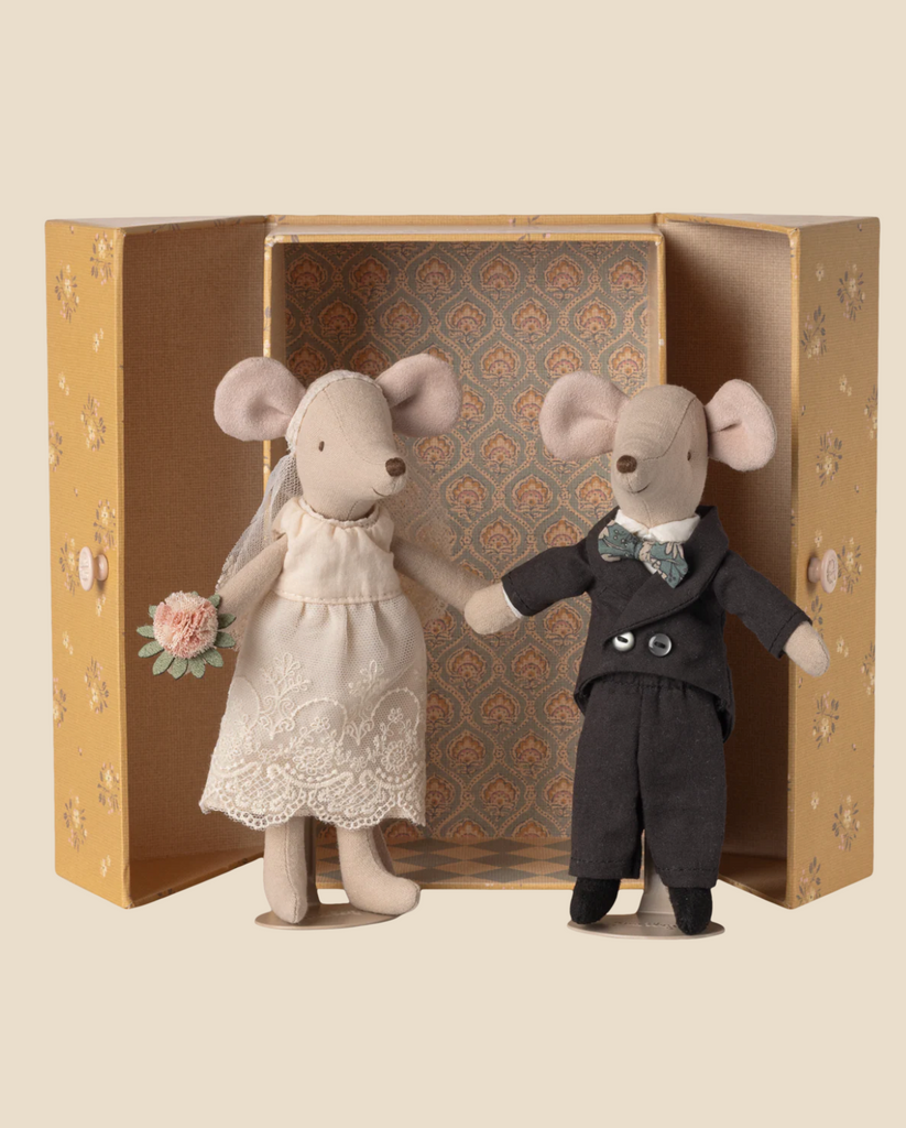 The Pre-order: Maileg Wedding Mice Couple in Box, Mum and Dad (Expected arrival by 06/15/26) features two charming mice dressed as bride and groom, standing inside a decorative patterned box, with the bride holding a bouquet.