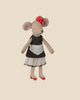 Pre-order the Maileg Beautician Mouse, Mum—an adorable plush doll in a black dress, white apron, red flower headband, and red shoes. Perfect for adding cute accessories to playtime! Expected arrival: 06/15/26.