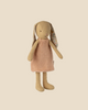 Pre-order the Maileg Bunny, Size 1 in Cream Yellow, dressed in a pink knitted dress. This soft linen toy features long floral-patterned ears and stands upright. Expected arrival: 02/15/26.