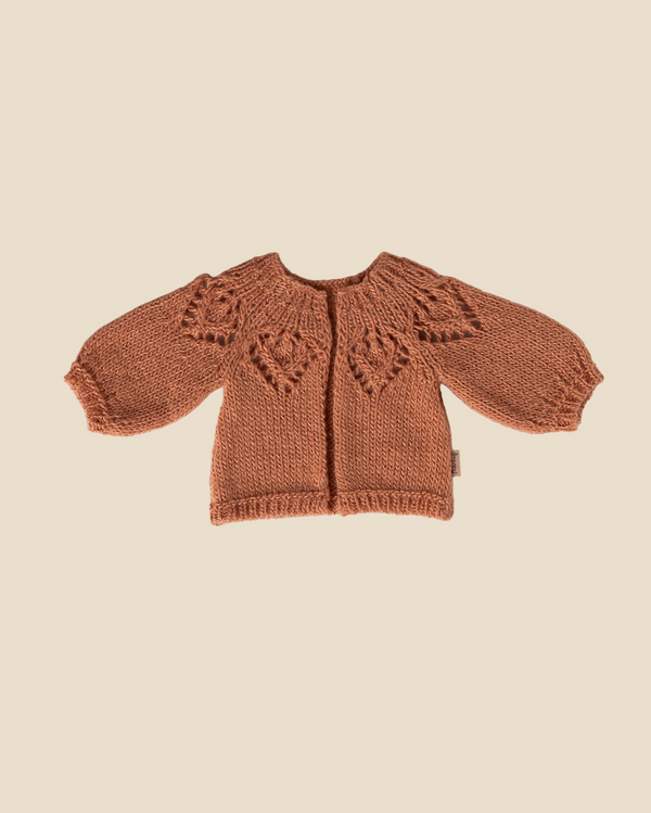 The Pre-order: Maileg Knitted Cardigan, Size 3 - Vintage Rose (arriving by 02/15/26) is shown on a plain beige background—ideal as bunny clothes or a rabbit sweater, with charming heart patterns on the upper front.