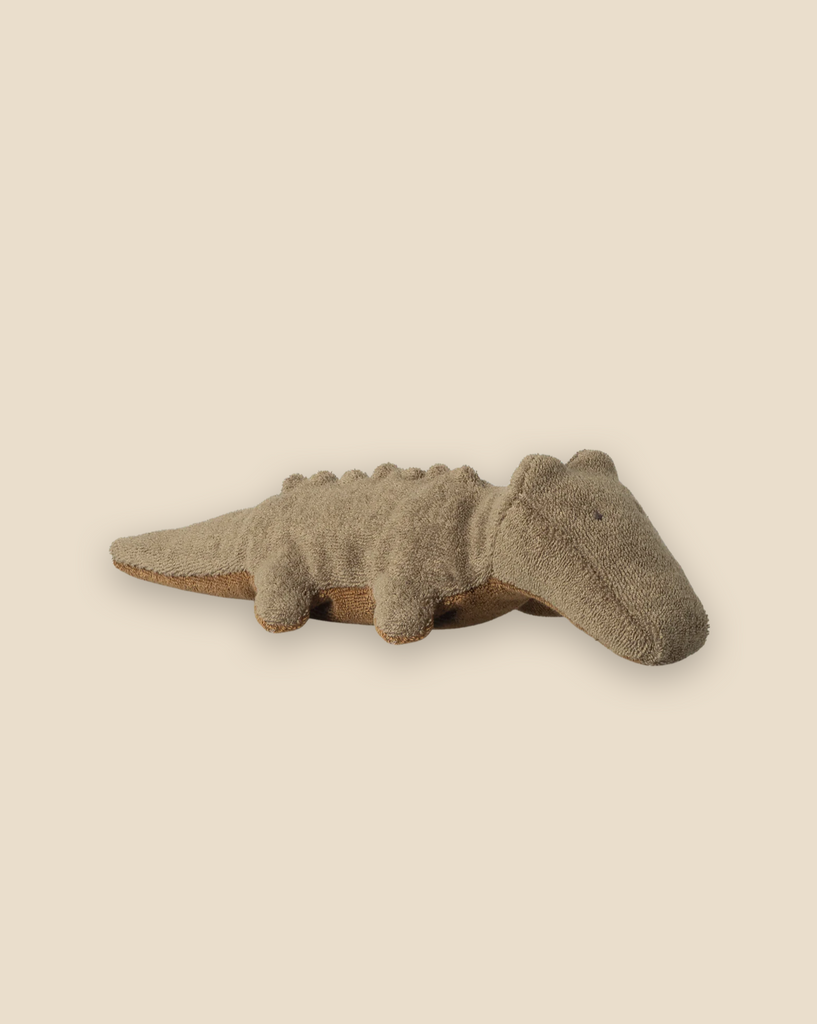 The Pre-order: Maileg Crocodile, Mini - Olive Green (arriving 06/15/26) is a soft, huggable plush crocodile toy shown on a plain beige background.