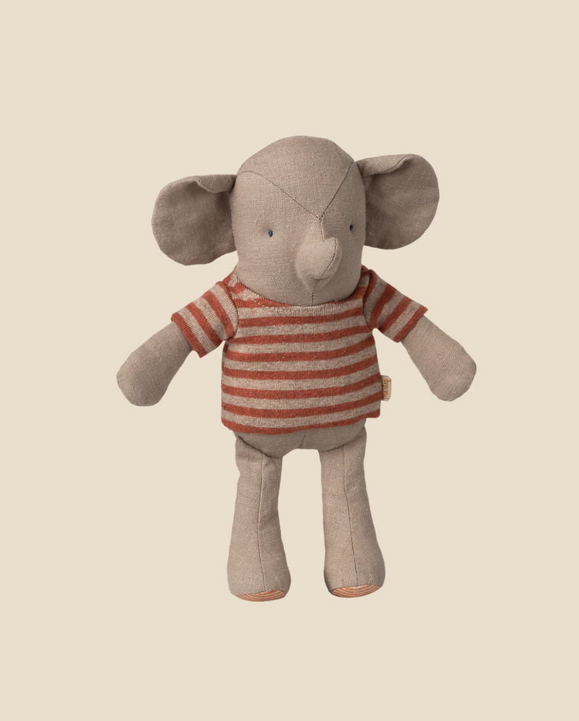 Pre-order: Maileg Little Jumbo the Elephant stands upright in a red and beige striped shirt against a plain beige background. Expected arrival: 06/01/26.
