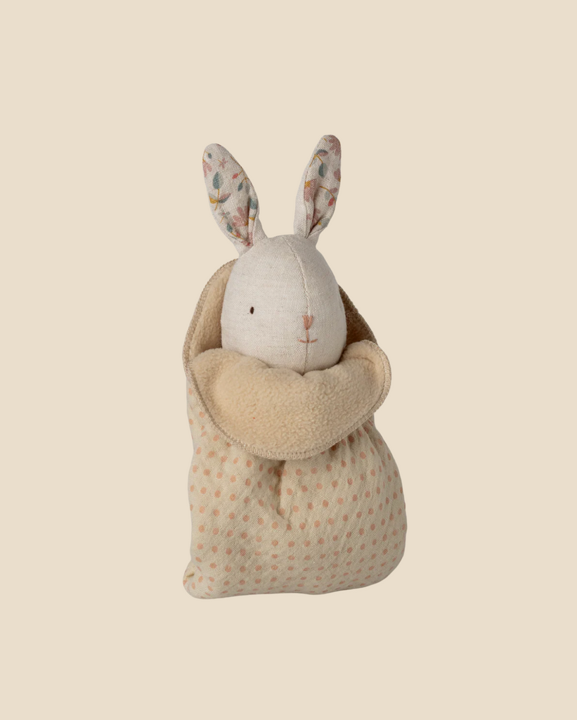 The Pre-order: Maileg Lullaby Friends, Bunny, Mini - Nature (arriving 04/15/26) features a soft bunny with patterned ears in a beige polka-dotted fleece pouch—perfect for newborns and pictured against a plain light background.