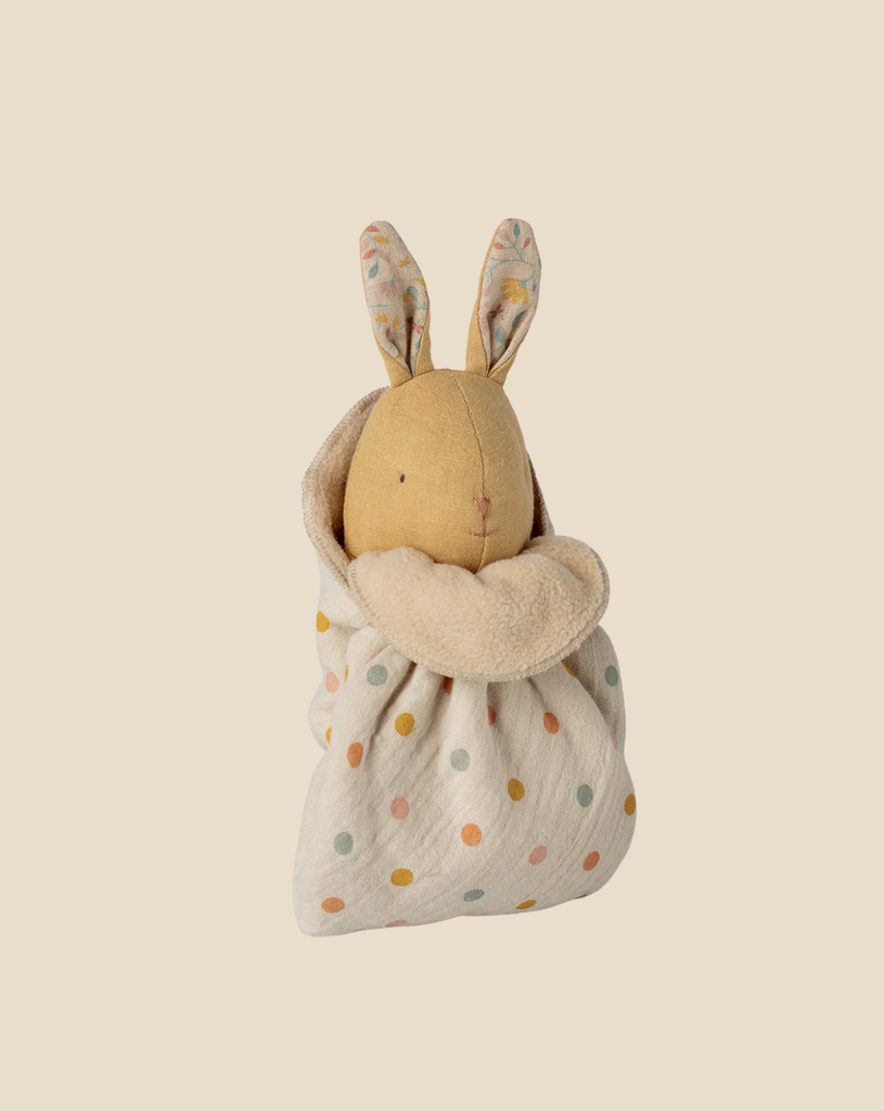 The Pre-order: Maileg Lullaby Friends, Bunny, Mini - Cream Yellow (arriving 04/15/26) features long floral-patterned ears, stitched details, and a cream polka-dot cuddle cloth—an adorable baby gift on a beige background.