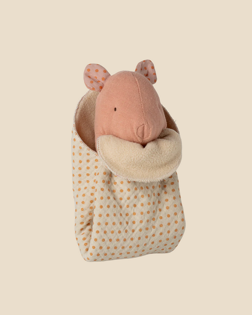Pre-order the Maileg Lullaby Friends, Pig, Mini - Rose (arriving 04/15/26): a soft pink pig toy with embroidered eyes and polka-dot ears, cozily nestled in a cream pouch—perfect as a cuddle cloth and newborn gift.