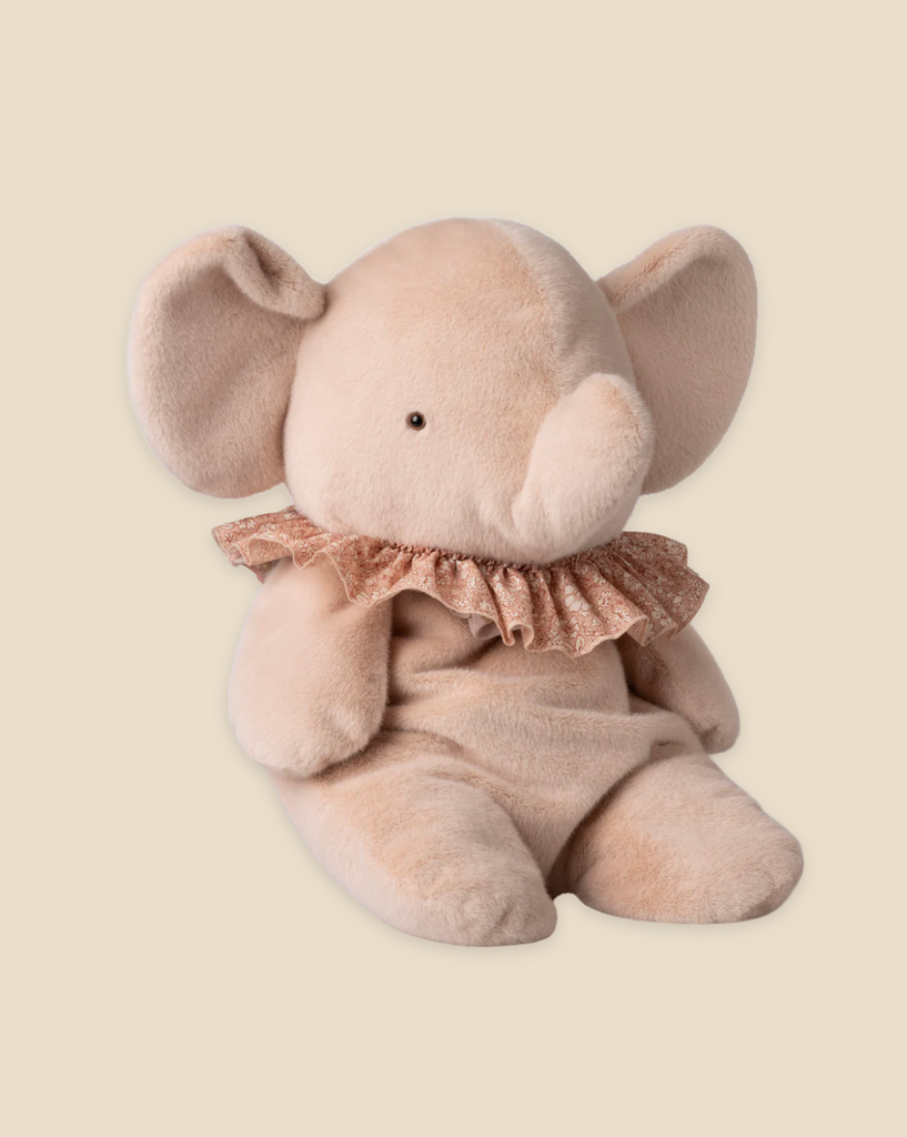 The Pre-order: Maileg Elephant Plush, Big - Powder features a soft, light beige plush elephant with large floppy ears, black eyes, and a brown ruffled collar—crafted from recycled polyester. Expected arrival by 03/15/26.