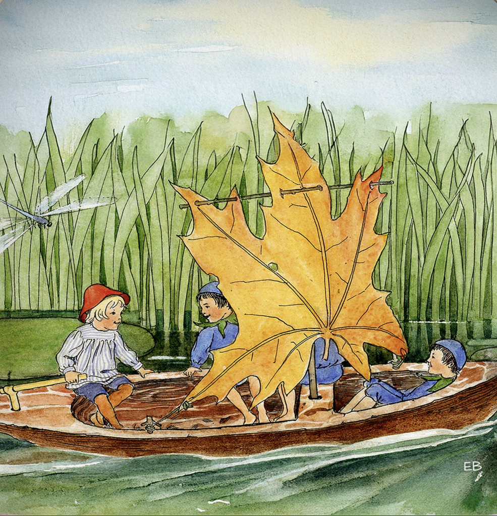 Three children in blue and red sail a wooden boat with a yellow leaf sail, surrounded by grass and a dragonfly, in whimsical art. Designed for the Toverlux Lamp: Silhouette Only - Peter, evoking a storybook charm.