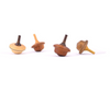 Four Mader Duett Spinning Tops, including an s-shaped one, are arranged in a row on a white background. Each Montessori toy features a short stem, rounded body, unique shapes, and rich natural wood tones.