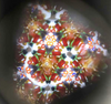 Peer through the Mader Wooden Kaleidoscope - Dark Blue to see a classic toy’s symmetrical, colorful patterns—red, green, orange, blue, and yellow shapes on a white background—all framed by a dark circular border.