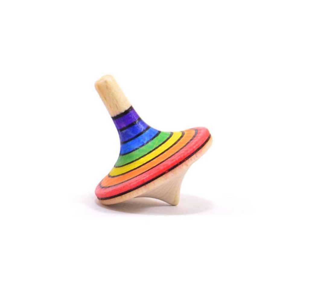 The Mader Rallye Rainbow Spinning Top, Small - Purple, crafted from beech wood and striped in vibrant rainbow colors, stands upright on a white background.
