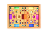 The Bauspiel Colored Staircase with Luminous Blocks – 32 Piece includes wooden blocks in rectangular and square shapes, each set with vibrant gem-like accents, arranged in a symmetrical tray—ideal for creative play or building sets.