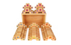 The Bauspiel Colored Stair Blocks - 40 Piece set features high-quality wooden blocks with colorful gems, arranged in geometric patterns and stacked symmetrically, with a rectangular wooden box in the background.