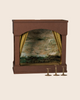 The PRE-ORDER: Maileg Theater With Light, Mouse Size (arriving mid-November) includes yellow gingham curtains, a swan pond backdrop, three mini candlestick stands, and a reversible background for changing scenes.