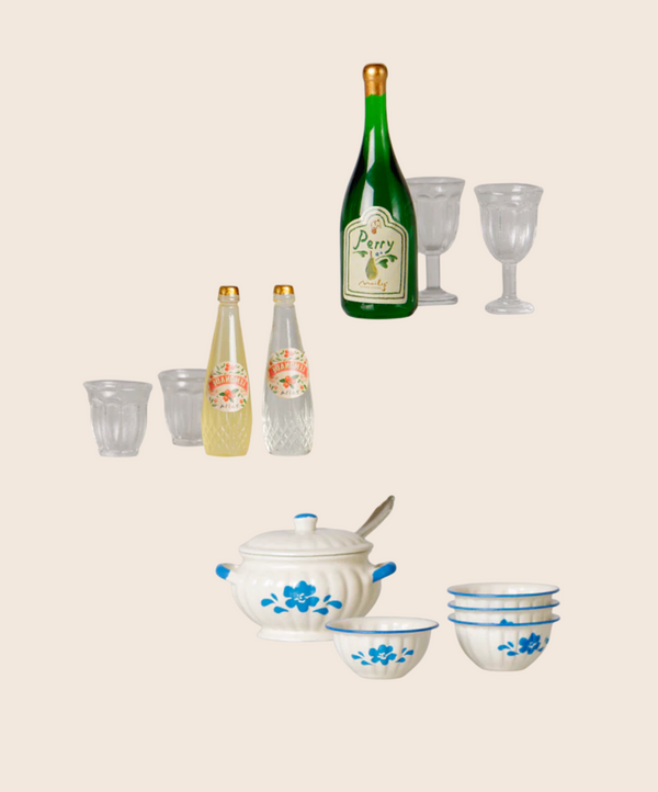 PRE-ORDER: Maileg Soup Set, Mouse (Arriving Early November)—includes miniature clear glasses, glass bottles, wine glasses, a floral soup tureen with lid and ladle, and matching bowls—ideal toy kitchen accessories for any pretend meal set.