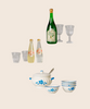 PRE-ORDER: Maileg Soup Set, Mouse (Arriving Early November)—includes miniature clear glasses, glass bottles, wine glasses, a floral soup tureen with lid and ladle, and matching bowls—ideal toy kitchen accessories for any pretend meal set.