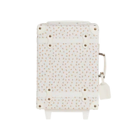 A small, Olli Ella See-Ya Suitcase - Leafed Mushroom closed and viewed from the front cover. The design features a white background with a subtle, pink polka dot pattern and visible metallic spirals on the side, resembling.
