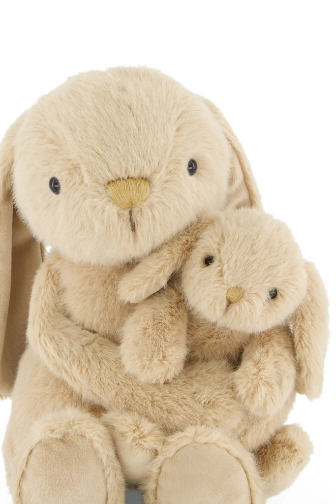 Frankie the Hugging Bunny - Caramel from Snuggle Bunnies features a large plush bunny cuddling a smaller matching bunny, both with floppy ears and black button eyes—the perfect cuddly duo against a white background.