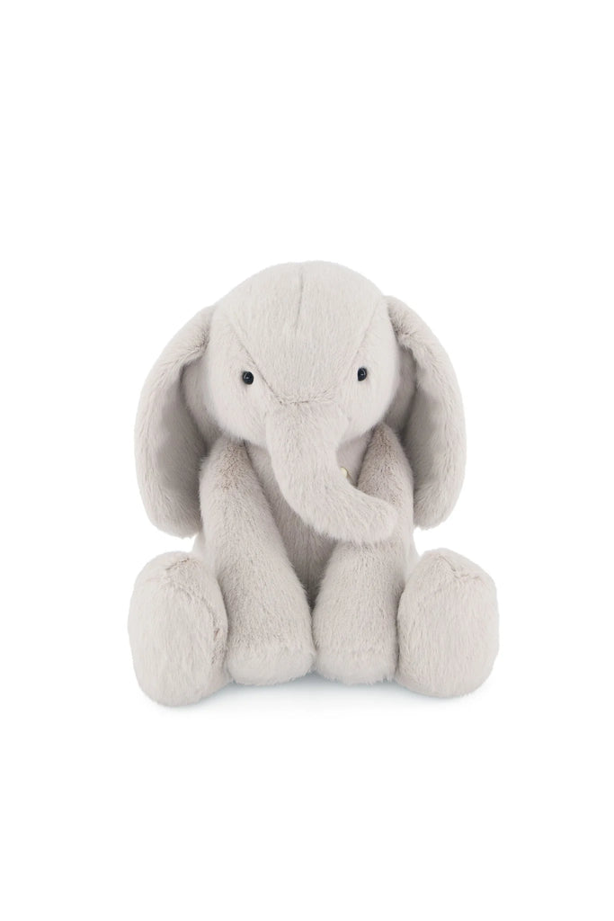 Snuggle Bunnies - Olive The Elephant is a soft, light gray plush with large floppy ears, a long trunk, and round black eyes, sitting upright—an adorable cuddly toy perfect for any collection.