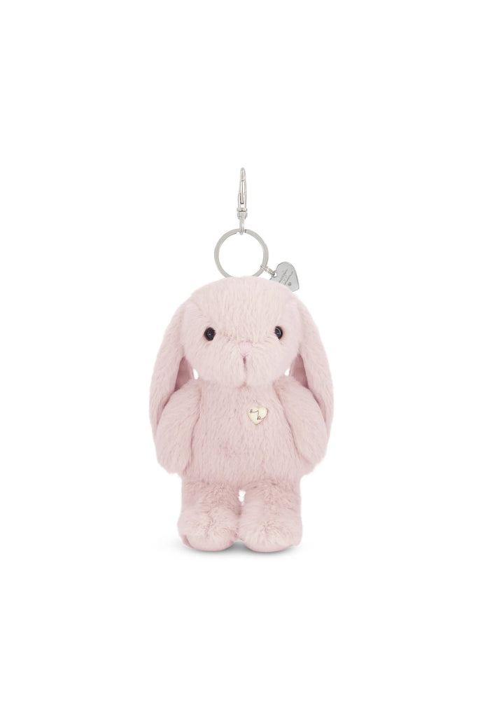 The Snuggle Bunnies - Penelope Keyring - Blossom is a soft light pink bunny bag charm with long floppy ears, black button eyes, a small nose, silver keyring and clasp on its head, and a heart-shaped tag for extra cuteness.
