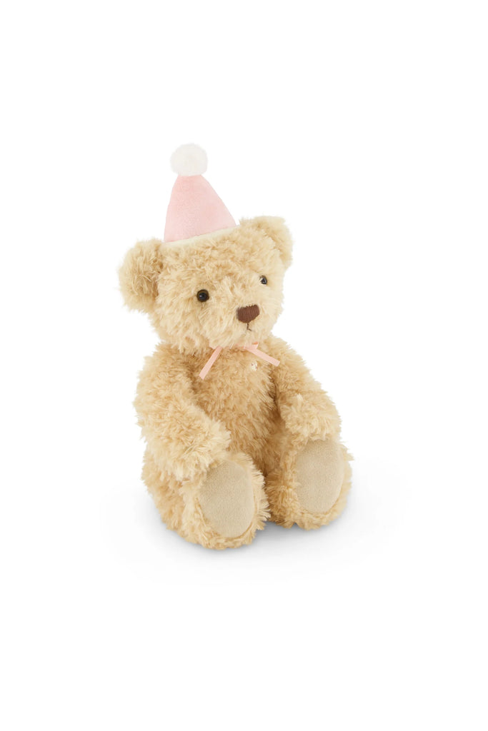 Snuggle Bunnies - Birthday Arthur - Fairy is a soft, light brown plush bear that sits upright with a pink party hat, white pom-pom, pink ribbon, and beige paw pads—an adorable keepsake gift displayed against a white background.