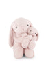 Snuggle Bunnies - Frankie the Hugging Bunny - Blossom features a super soft plush mama bunny cuddling a matching baby, both with floppy ears and embroidered details, shown sitting against a white background.