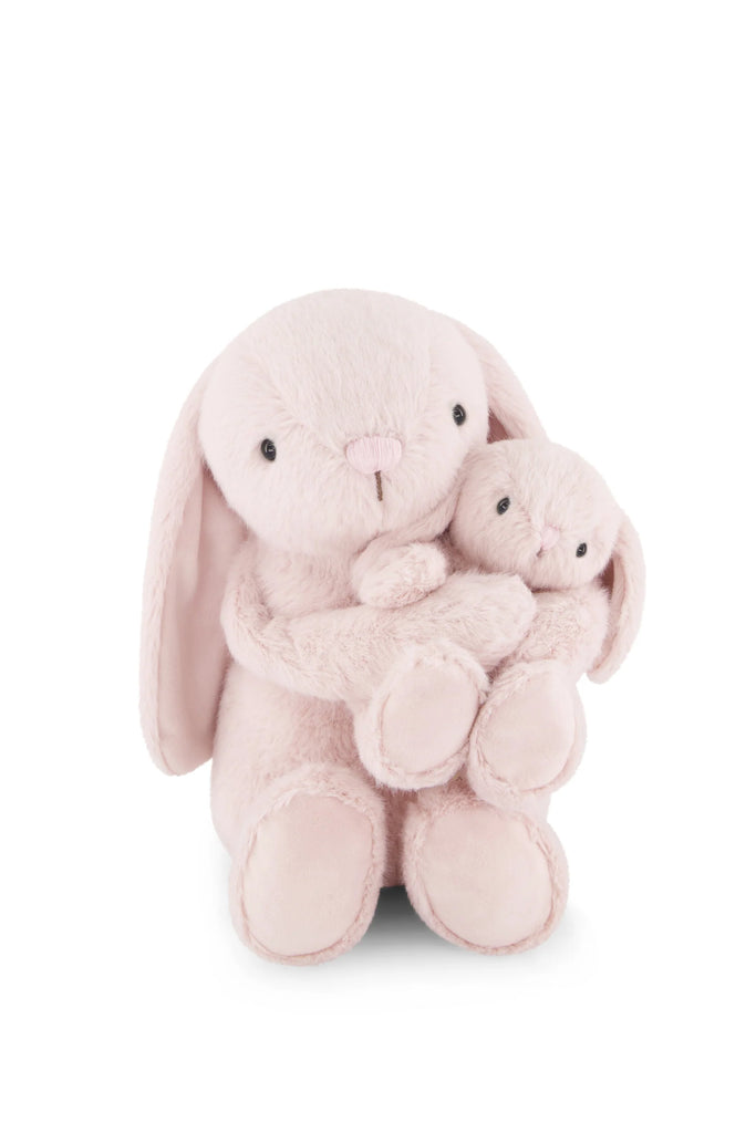Snuggle Bunnies - Frankie the Hugging Bunny - Blossom features a super soft plush mama bunny cuddling a matching baby, both with floppy ears and embroidered details, shown sitting against a white background.