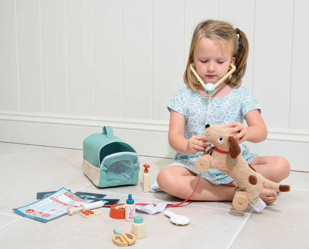 A young girl in a blue dress pretends to give a checkup to a stuffed dog toy, using the Animal Rescue Vet Case’s toy stethoscope and colorful veterinary play set. Various pretend medical supplies from the Animal Rescue Vet Case are spread on the floor beside her, along with a pet carrier toy, creating an imaginative and playful vet scene.