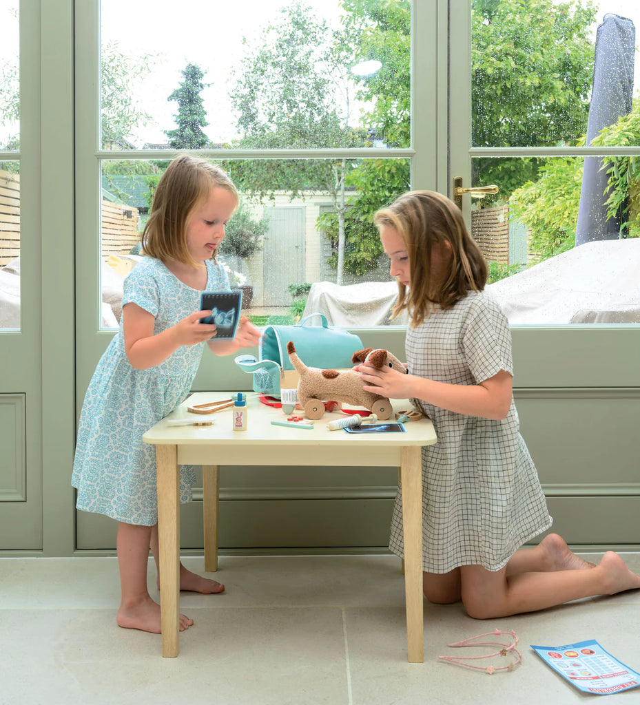Two young girls sit at a small table indoors, using their Animal Rescue Vet Case to pretend to care for a toy dog. Toy cups and utensils are spread out on the table, and a pet carrier toy sits nearby. Sunlight pours in through large windows, revealing a green garden outside.