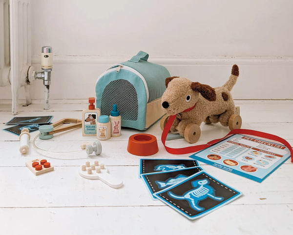 The Animal Rescue Vet Case features a plush dog on wheels with a red leash, surrounded by toy veterinary supplies such as a pet carrier, medical charts, bottles, pills, a stethoscope, and a food bowl—creating the perfect veterinary play set on a white wooden floor.