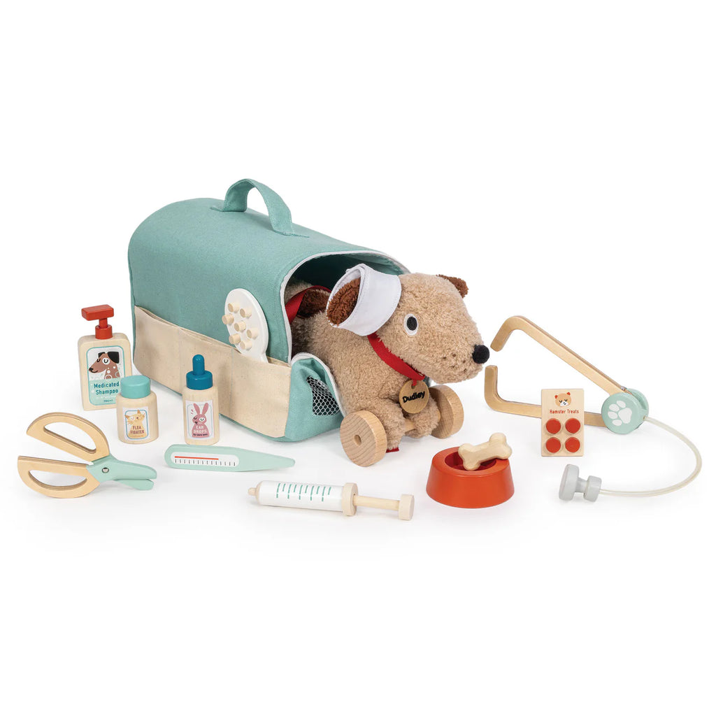 The Animal Rescue Vet Case features a plush toy dog with a head bandage nestled in a soft, blue pet carrier, surrounded by all the essential toy vet tools—including a stethoscope, scissors, thermometer, syringe, medicine bottles, and a food bowl—for the ultimate veterinary play set.
