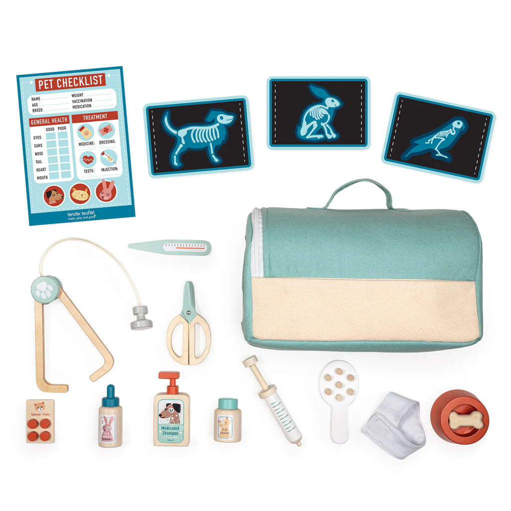 The Animal Rescue Vet Case includes medical tools, x-ray cards, bottles, a stethoscope, scissors, a checklist, and a soft pet carry bag, all neatly arranged on a white background.